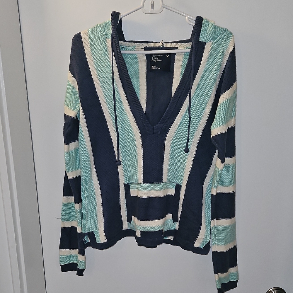 American Eagle Outfitters Blue and Cream V-Neck Sweater